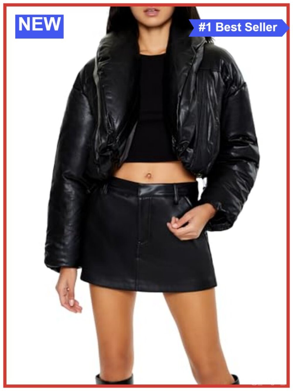 Faux Leather Cropped Puffer Jacket Quilted Shawl Lapel